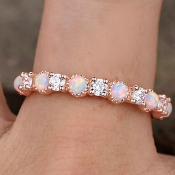 18k Rose Gold Fire Opal Diamond Eternity Ring - Picture 1 of 5